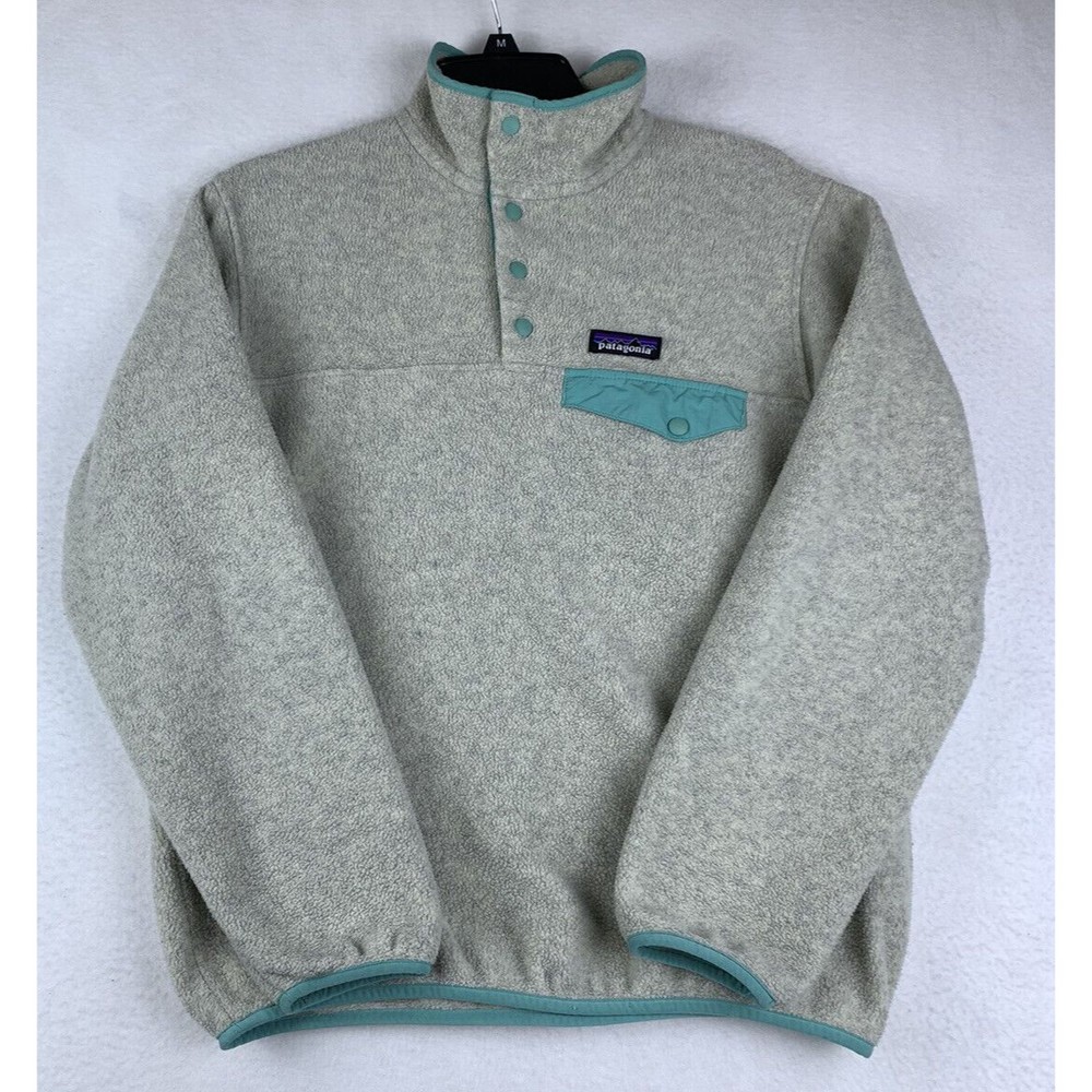 Womens XS Patagonia Synchilla Tan Teal Blue Snap T Pullover Sweater Gorpcore